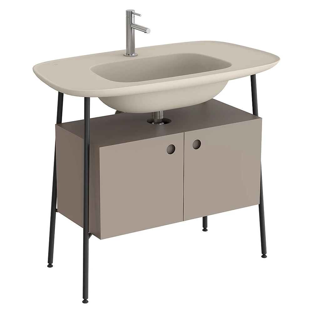 Vitra Plural 100 Cm Mat Soft Bej İki Kapaklı Mat Kum Beji Seramik Lavabolu Tek Armatür Delikli Lavabo Dolabı