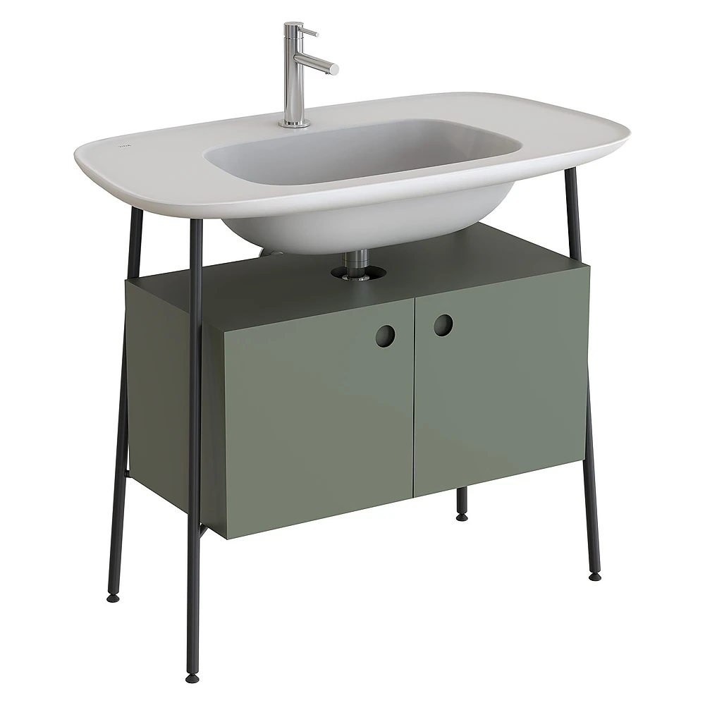Vitra Plural 100 Cm Mat Yosun Yeşili İki Kapaklı Mat Beyaz Seramik Lavabolu Tek Armatür Delikli Lavabo Dolabı