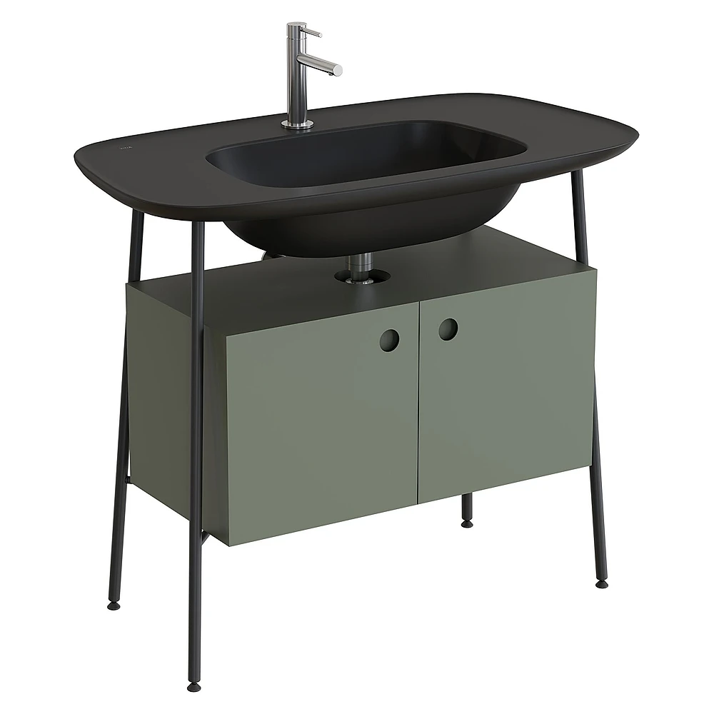 Vitra Plural 100 Cm Mat Yosun Yeşili İki Kapaklı Mat Siyah Seramik Lavabolu Tek Armatür Delikli Lavabo Dolabı