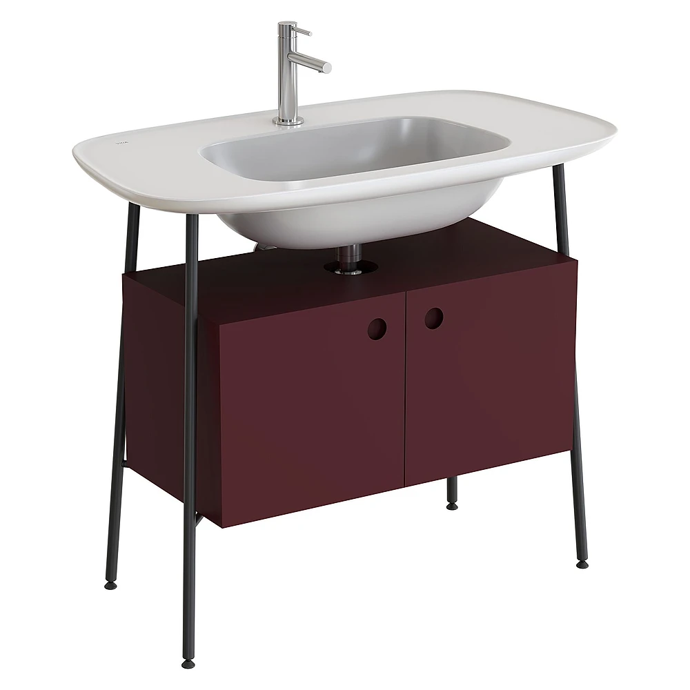 Vitra Plural 100 Cm Mat Bordo İki Kapaklı Parlak Beyaz Seramik Lavabolu Tek Armatür Delikli Lavabo Dolabı