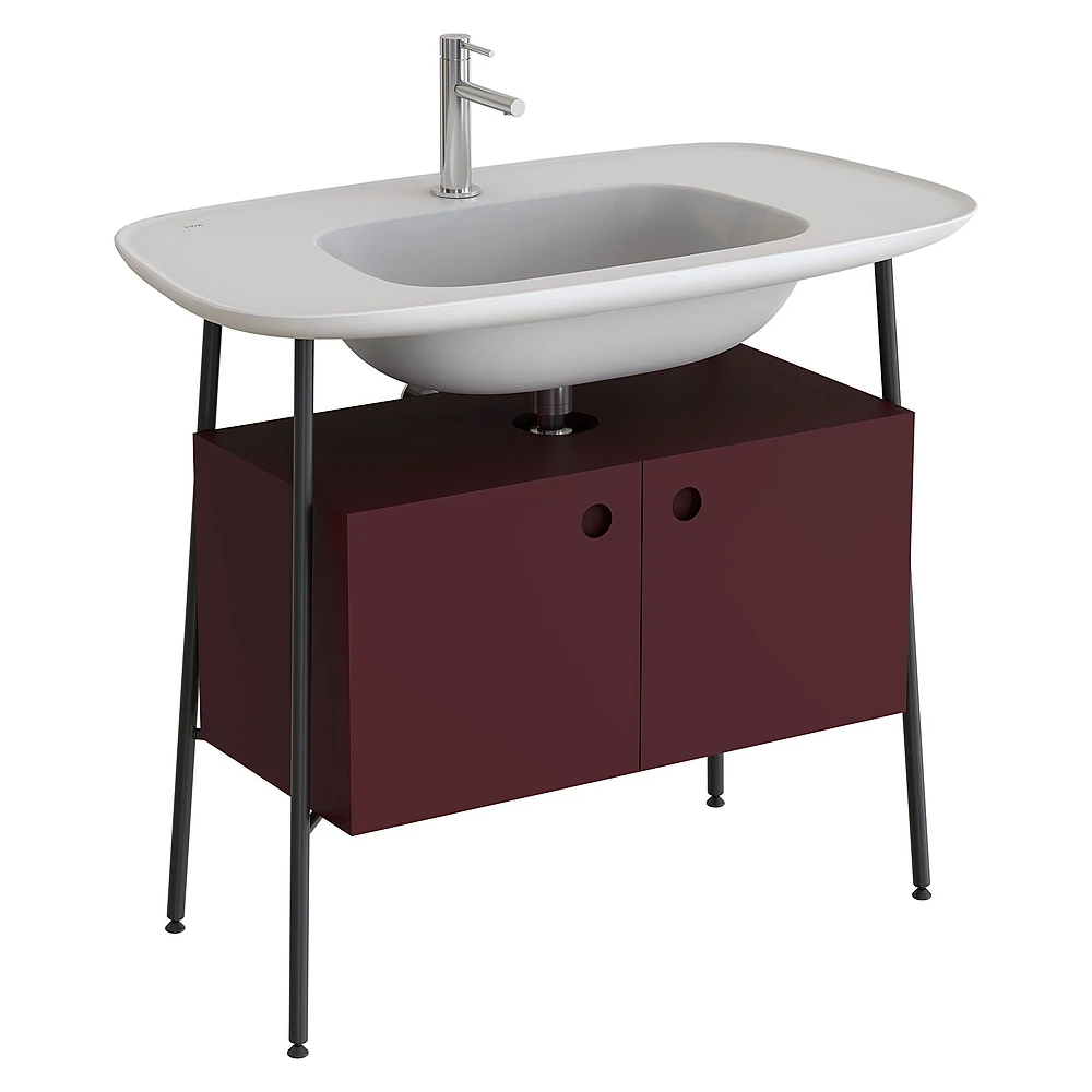 Vitra Plural 100 Cm Mat Bordo İki Kapaklı Mat Beyaz Seramik Lavabolu Tek Armatür Delikli Lavabo Dolabı