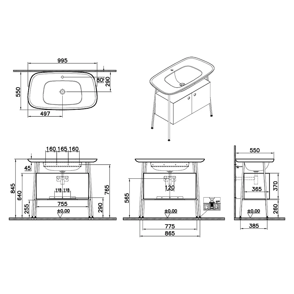 Vitra Plural 100 Cm Mat Bordo İki Kapaklı Mat Siyah Seramik Lavabolu Tek Armatür Delikli Lavabo Dolabı 2