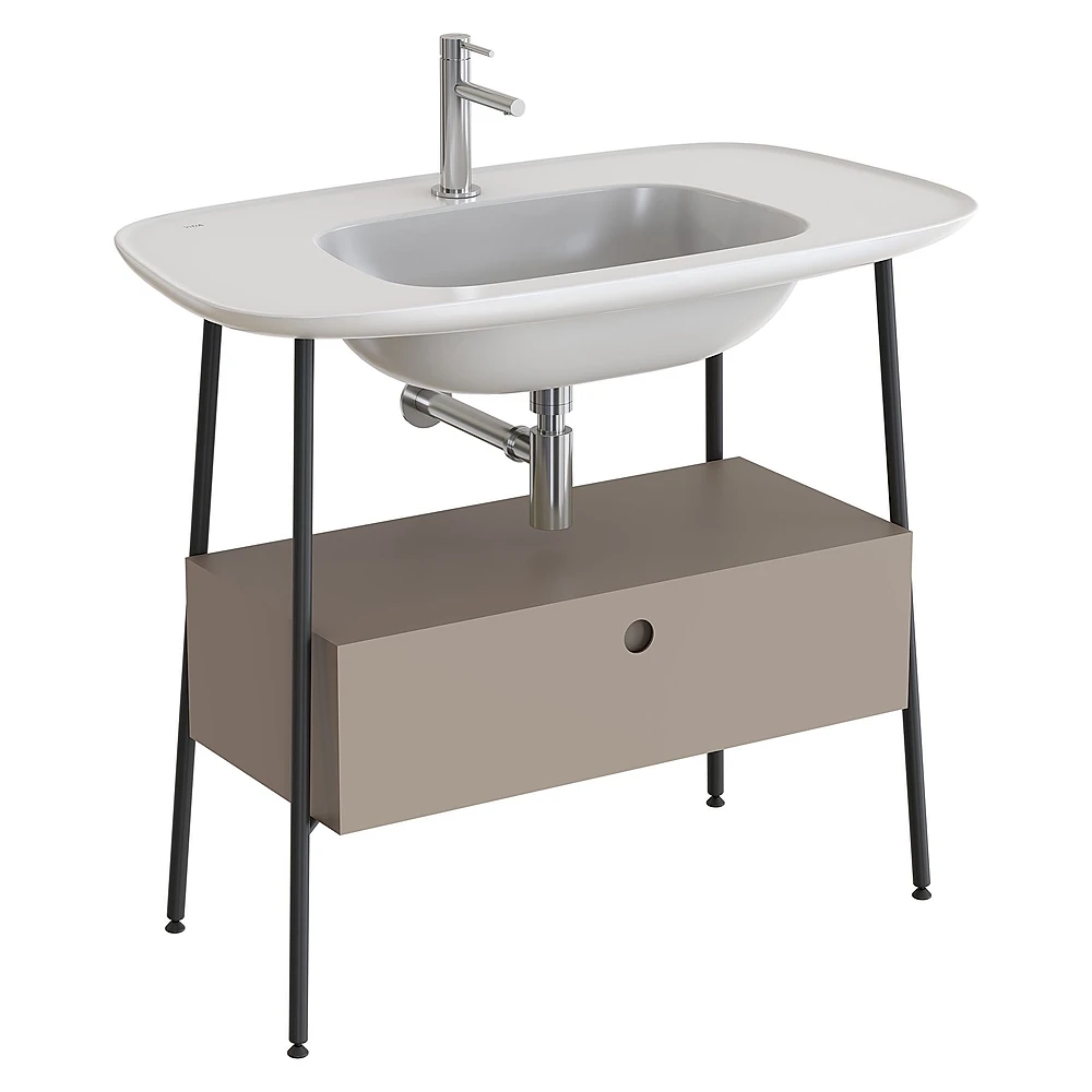 Vitra Plural 100 Cm Mat Soft Bej Tek Çekmeceli Parlak Beyaz Seramik Lavabolu Tek Armatür Delikli Lavabo Dolabı