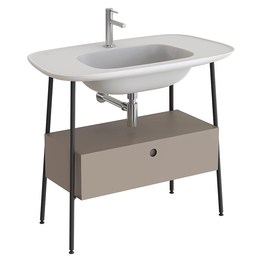 Vitra Plural 100 Cm Mat Soft Bej Tek Çekmeceli Mat Beyaz Seramik Lavabolu Tek Armatür Delikli Lavabo Dolabı