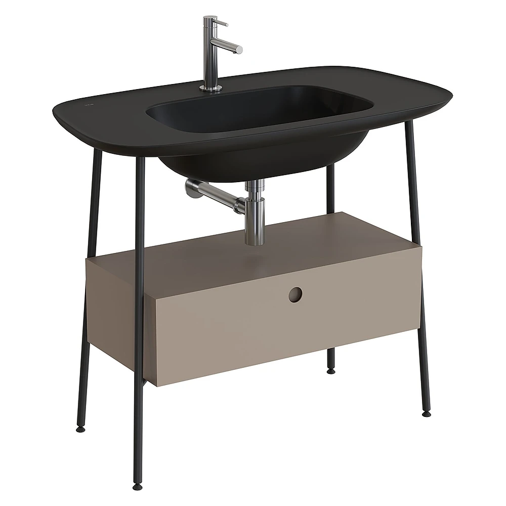 Vitra Plural 100 Cm Mat Soft Bej Tek Çekmeceli Mat Siyah Seramik Lavabolu Tek Armatür Delikli Lavabo Dolabı