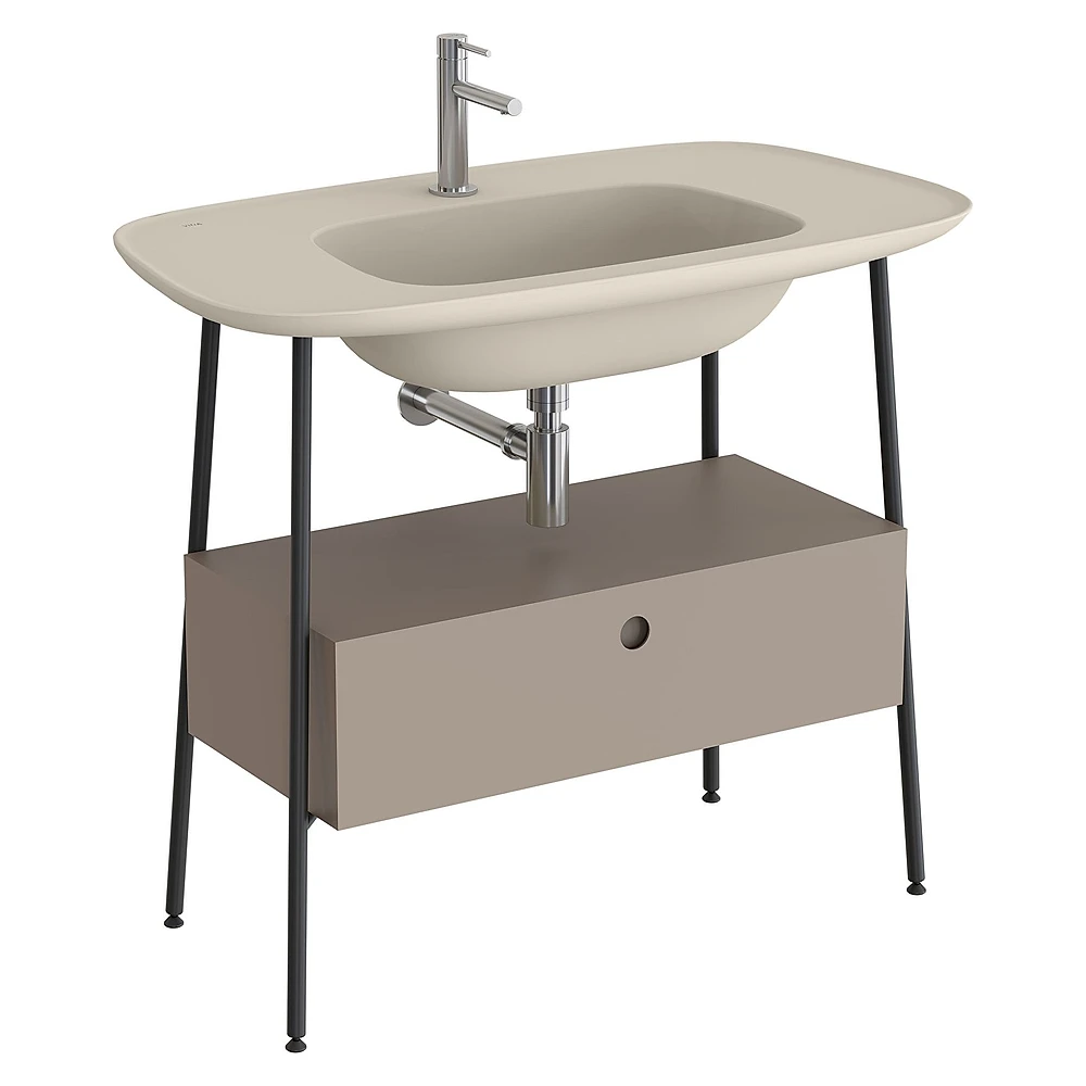 Vitra Plural 100 Cm Mat Soft Bej Tek Çekmeceli Mat Kum Beji Seramik Lavabolu Tek Armatür Delikli Lavabo Dolabı