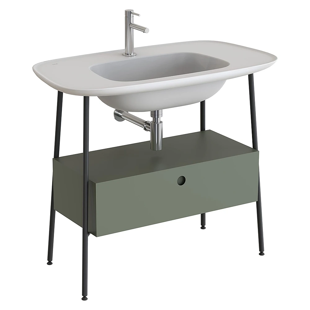 Vitra Plural 100 Cm Mat Yosun Yeşili Tek Çekmeceli Mat Beyaz Seramik Lavabolu Tek Armatür Delikli Lavabo Dolabı