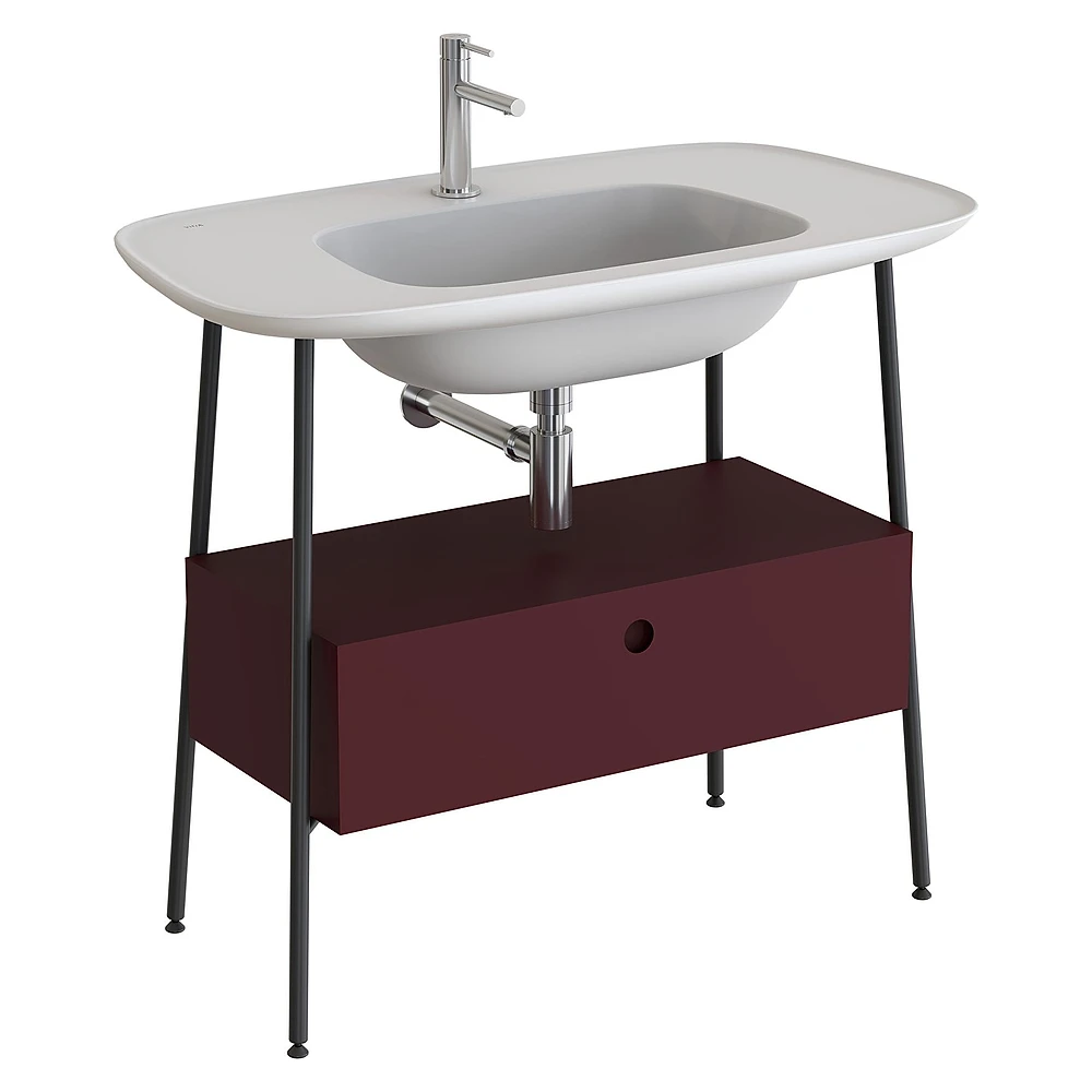 Vitra Plural 100 Cm Mat Bordo Tek Çekmeceli Mat Beyaz Seramik Lavabolu Tek Armatür Delikli Lavabo Dolabı