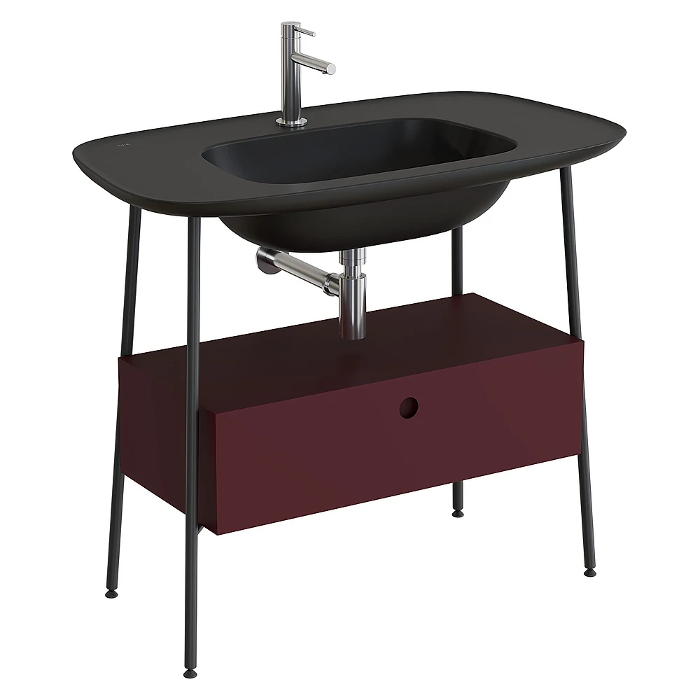 Vitra Plural 100 Cm Mat Bordo Tek Çekmeceli Mat Siyah Seramik Lavabolu Tek Armatür Delikli Lavabo Dolabı
