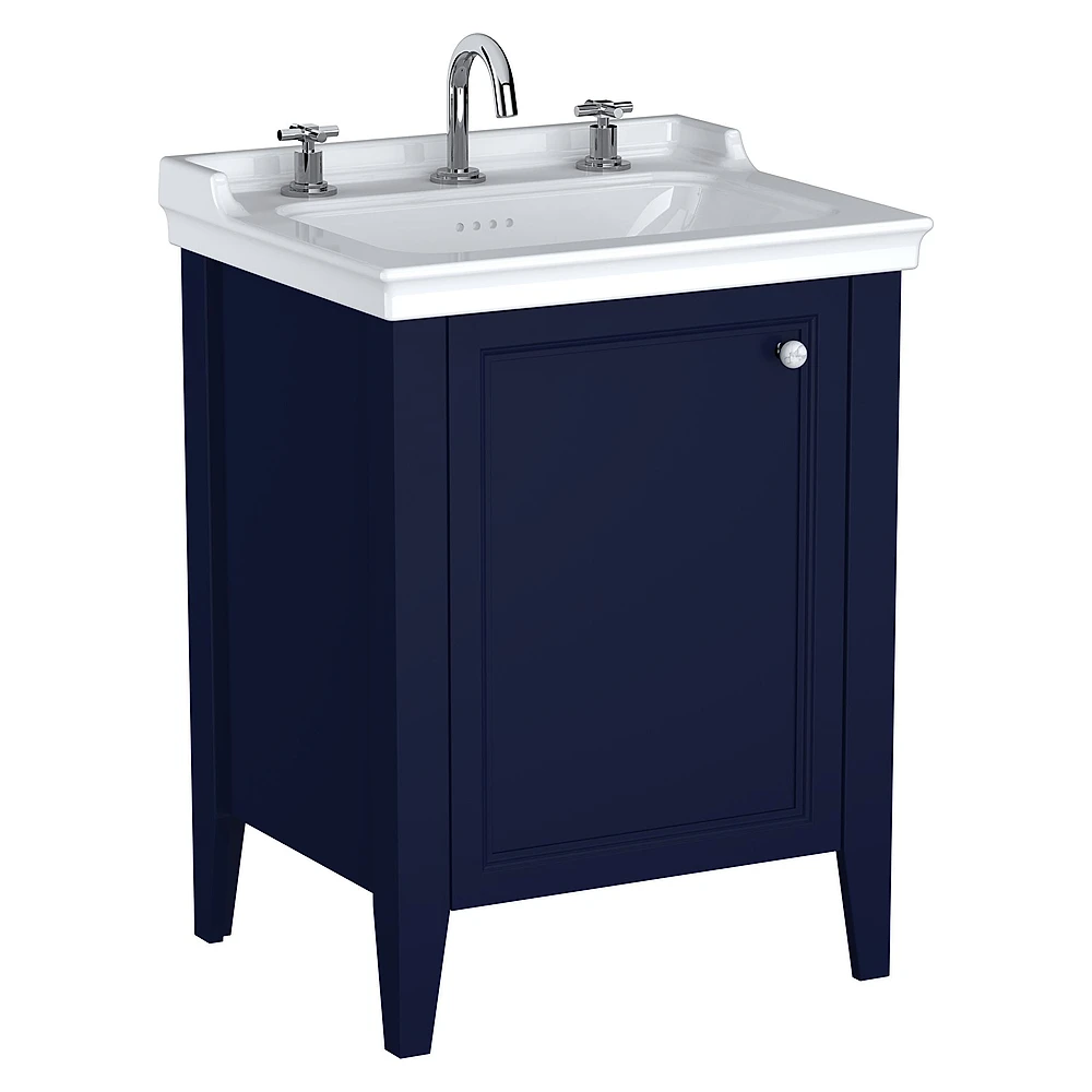 Vitra Valarte Neo 65 Cm Çelik Mavisi Tek Kapaklı Etajerli Lavabolu Üç Armatür Delikli Sol Lavabo Dolabı