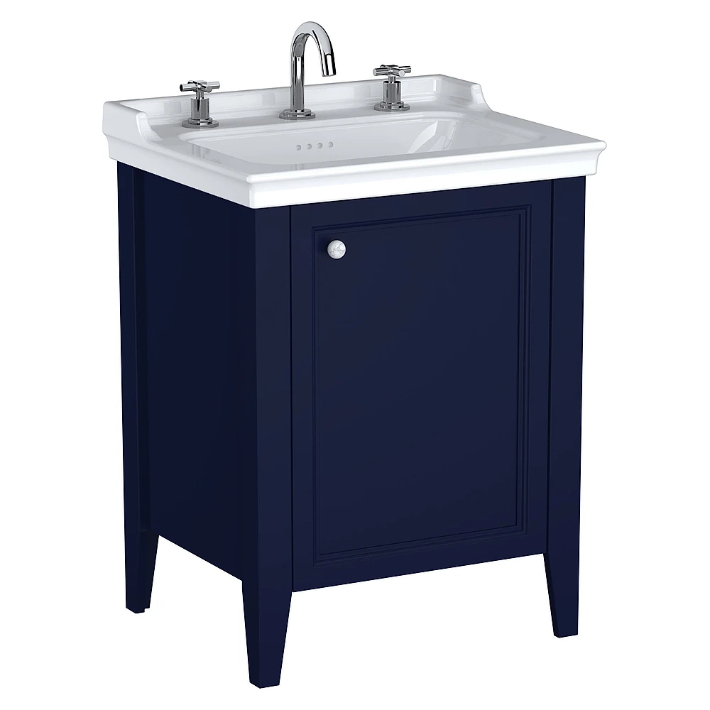 Vitra Valarte Neo 65 Cm Çelik Mavisi Tek Kapaklı Etajerli Lavabolu Üç Armatür Delikli Sağ Lavabo Dolabı