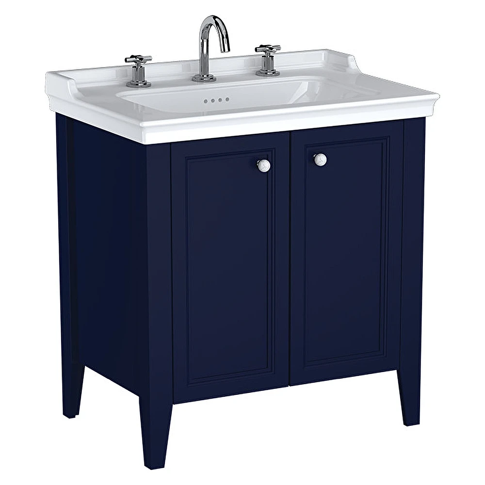 Vitra Valarte Neo 80 Cm Çelik Mavisi İki Kapaklı Etajerli Lavabolu Üç Armatür Delikli Lavabo Dolabı