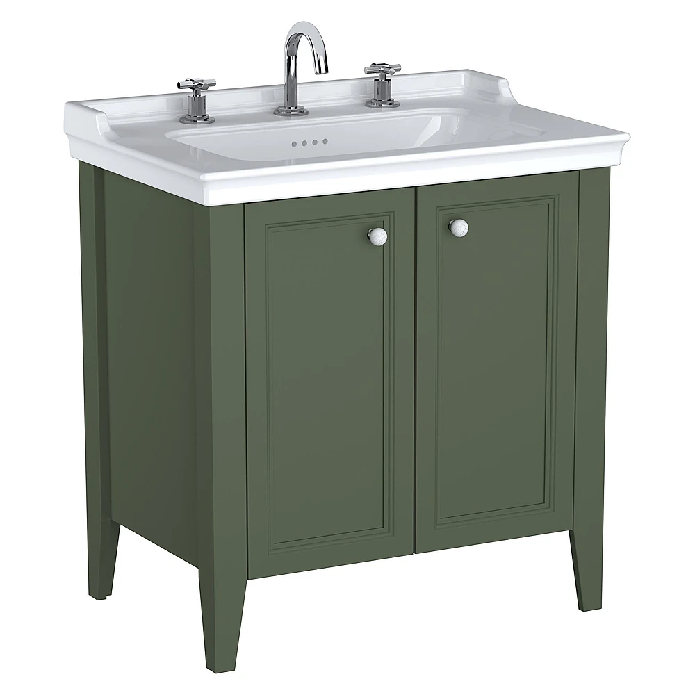 Vitra Valarte Neo 80 Cm Retro Yeşil İki Kapaklı Etajerli Lavabolu Üç Armatür Delikli Lavabo Dolabı