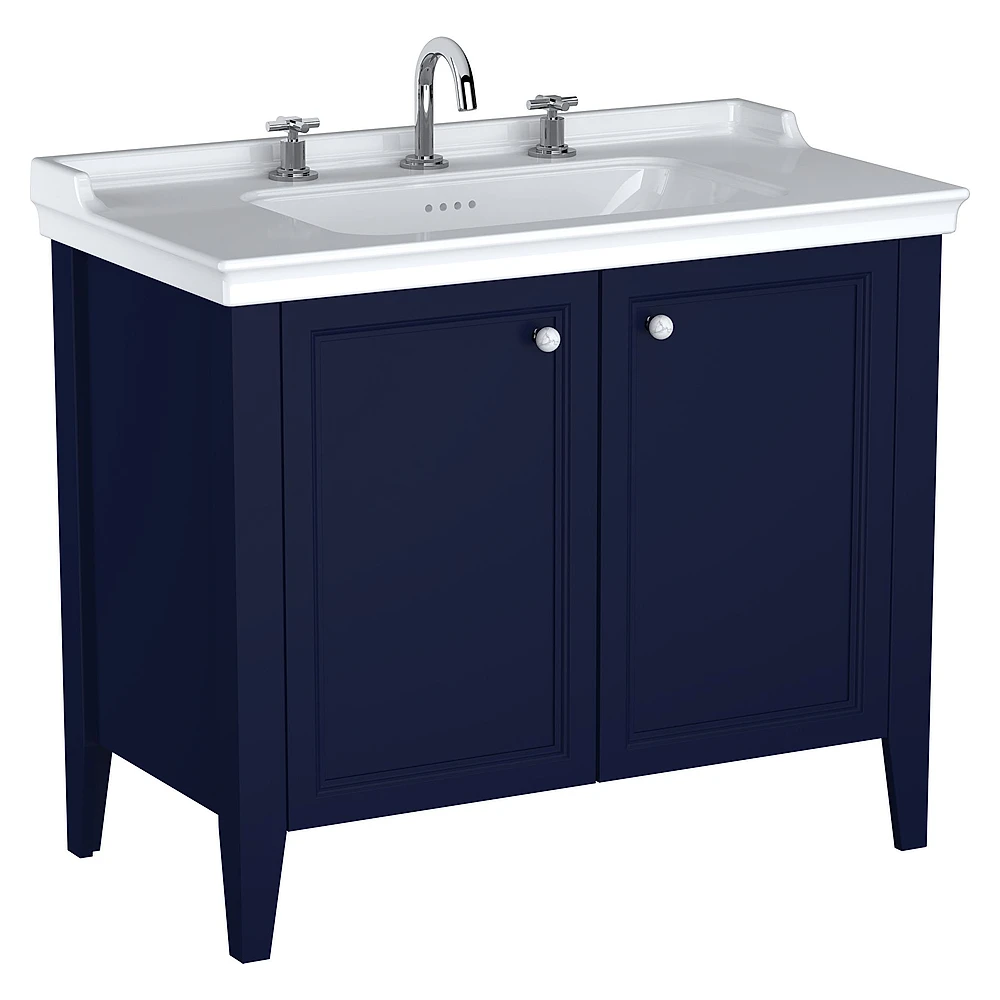 Vitra Valarte Neo 100 Cm Çelik Mavisi İki Kapaklı Etajerli Lavabolu Üç Armatür Delikli Lavabo Dolabı