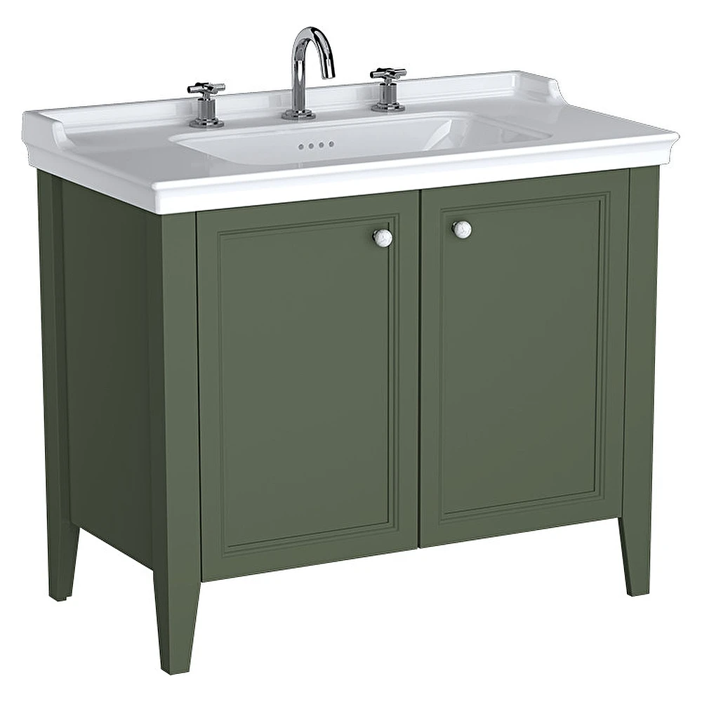 Vitra Valarte Neo 100 Cm Retro Yeşil İki Kapaklı Etajerli Lavabolu Üç Armatür Delikli Lavabo Dolabı