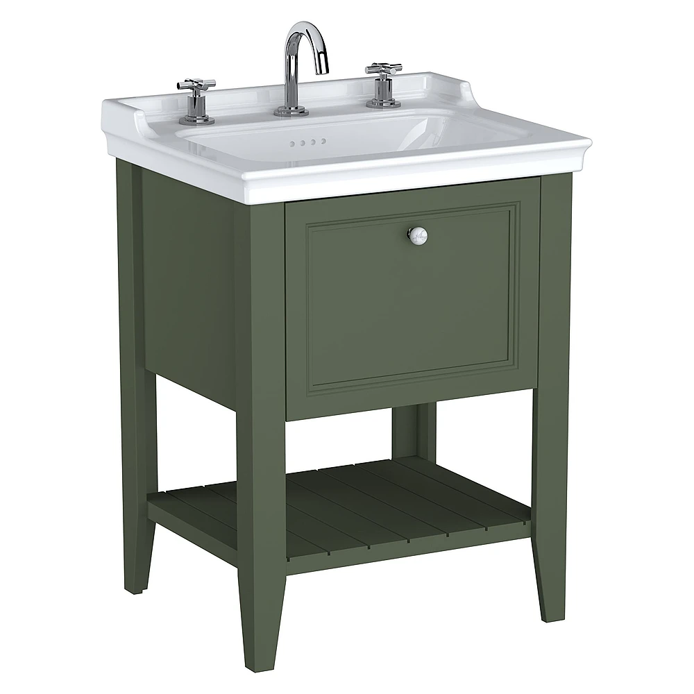 Vitra Valarte Neo 65 Cm Retro Yeşil Tek Çekmeceli Etajerli Lavabolu Üç Armatür Delikli Lavabo Dolabı