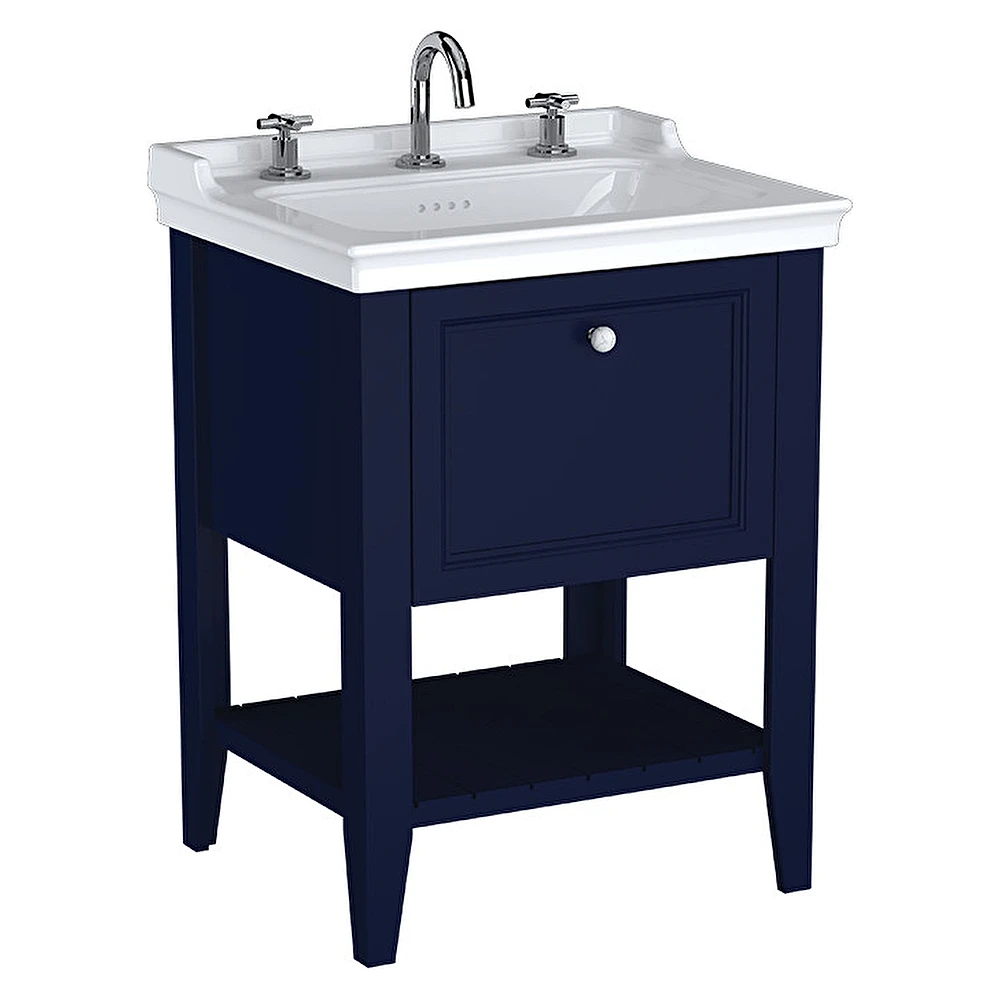 Vitra Valarte Neo 65 Cm Çelik Mavisi Tek Çekmeceli Etajerli Lavabolu Üç Armatür Delikli Lavabo Dolabı