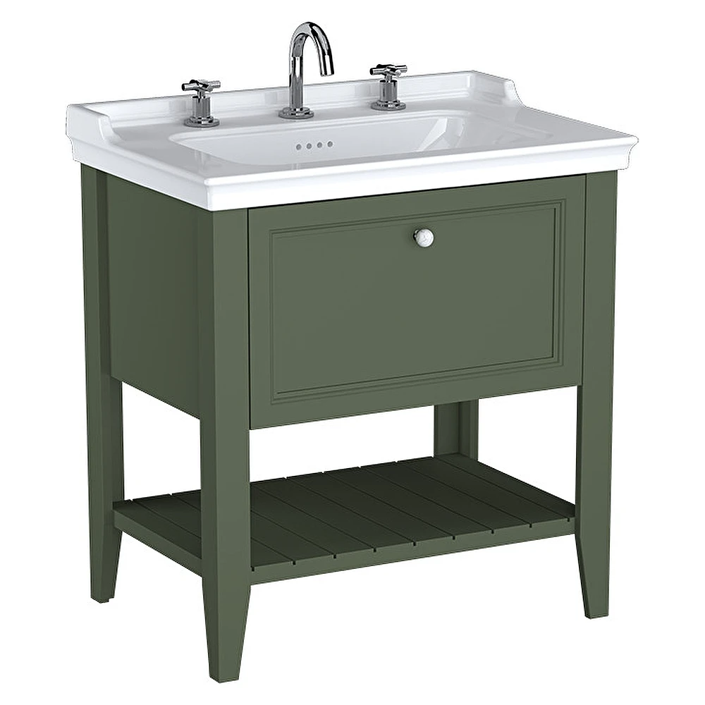 Vitra Valarte Neo 80 Cm Retro Yeşil Tek Çekmeceli Etajerli Lavabolu Üç Armatür Delikli Lavabo Dolabı
