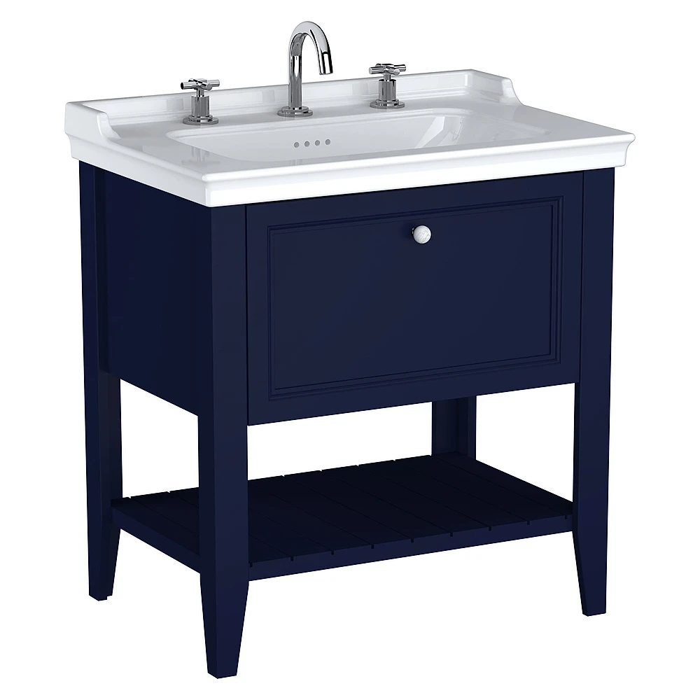 Vitra Valarte Neo 80 Cm Çelik Mavisi Tek Çekmeceli Etajerli Lavabolu Üç Armatür Delikli Lavabo Dolabı