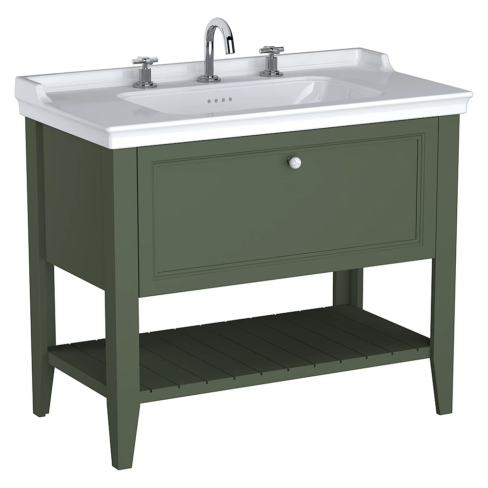 Vitra Valarte Neo 100 Cm Retro Yeşil Tek Çekmeceli Etajerli Lavabolu Üç Armatür Delikli Lavabo Dolabı