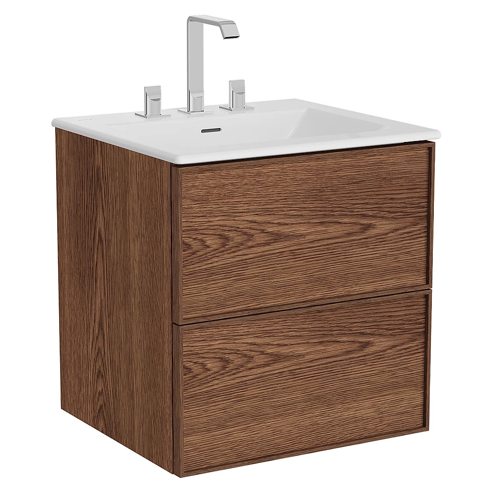 Vitra Metropole Edge 60 Cm Ceviz İki Çekmeceli Etajerli Lavabolu Üç Armatür Delikli Lavabo Dolabı