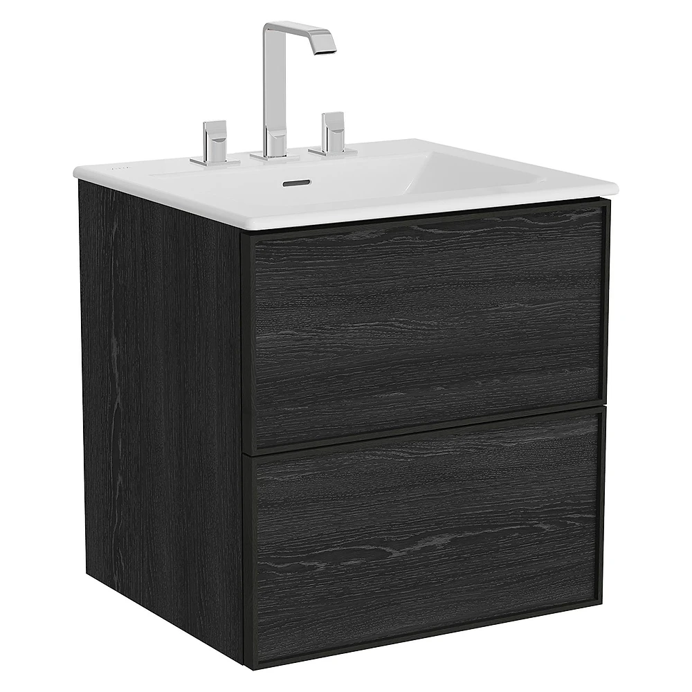 Vitra Metropole Edge 60 Cm Siyah Meşe İki Çekmeceli Etajerli Lavabolu Üç Armatür Delikli Lavabo Dolabı