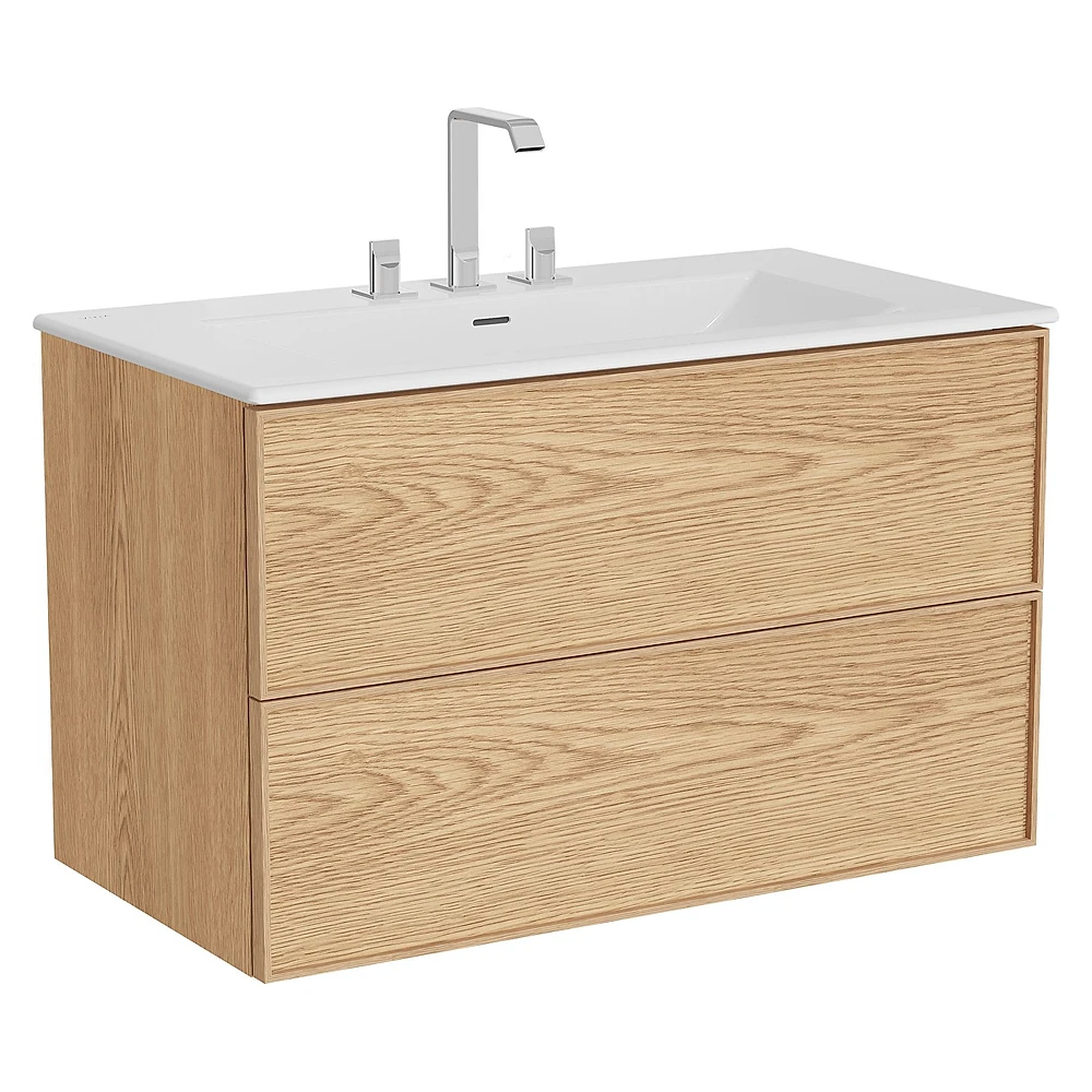 Vitra Metropole Edge 100 Cm Açık Meşe İki Çekmeceli Etajerli Lavabolu Üç Armatür Delikli Lavabo Dolabı