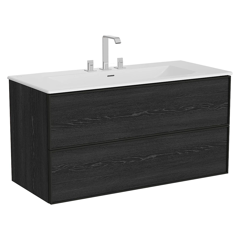 Vitra Metropole Edge 120 Cm Siyah Meşe İki Çekmeceli Etajerli Lavabolu Üç Armatür Delikli Lavabo Dolabı