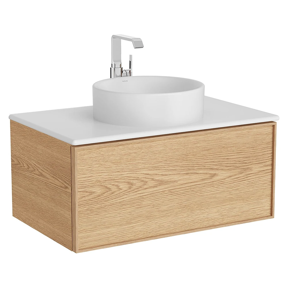 Vitra Metropole Edge 80 Cm Açık Meşe Tek Çekmeceli Mat Beyaz Çanak Lavabolu Seramik Tezgahlı Lavabo Dolabı
