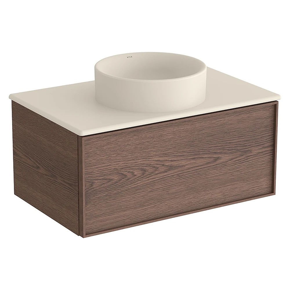 Vitra Metropole Edge 80 Cm Ceviz Tek Çekmeceli Mat Kum Beji Çanak Lavabolu Seramik Tezgahlı Lavabo Dolabı