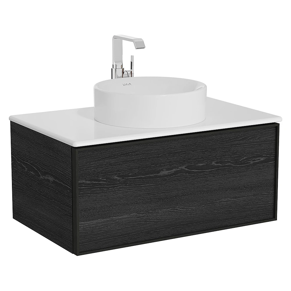 Vitra Metropole Edge 80 Cm Siyah Meşe Tek Çekmeceli Beyaz Çanak Lavabolu Seramik Tezgahlı Lavabo Dolabı