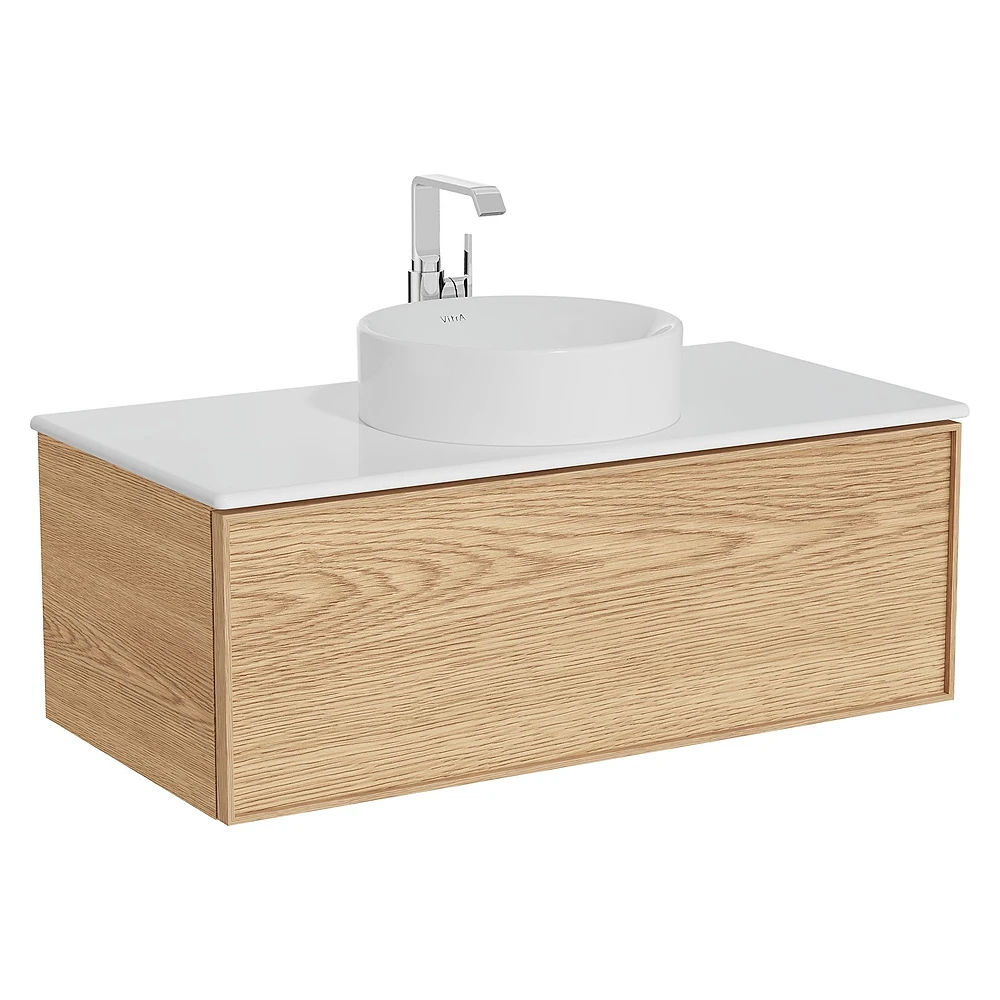 Vitra Metropole Edge 100 Cm Açık Meşe Tek Çekmeceli Beyaz Çanak Lavabolu Seramik Tezgahlı Lavabo Dolabı