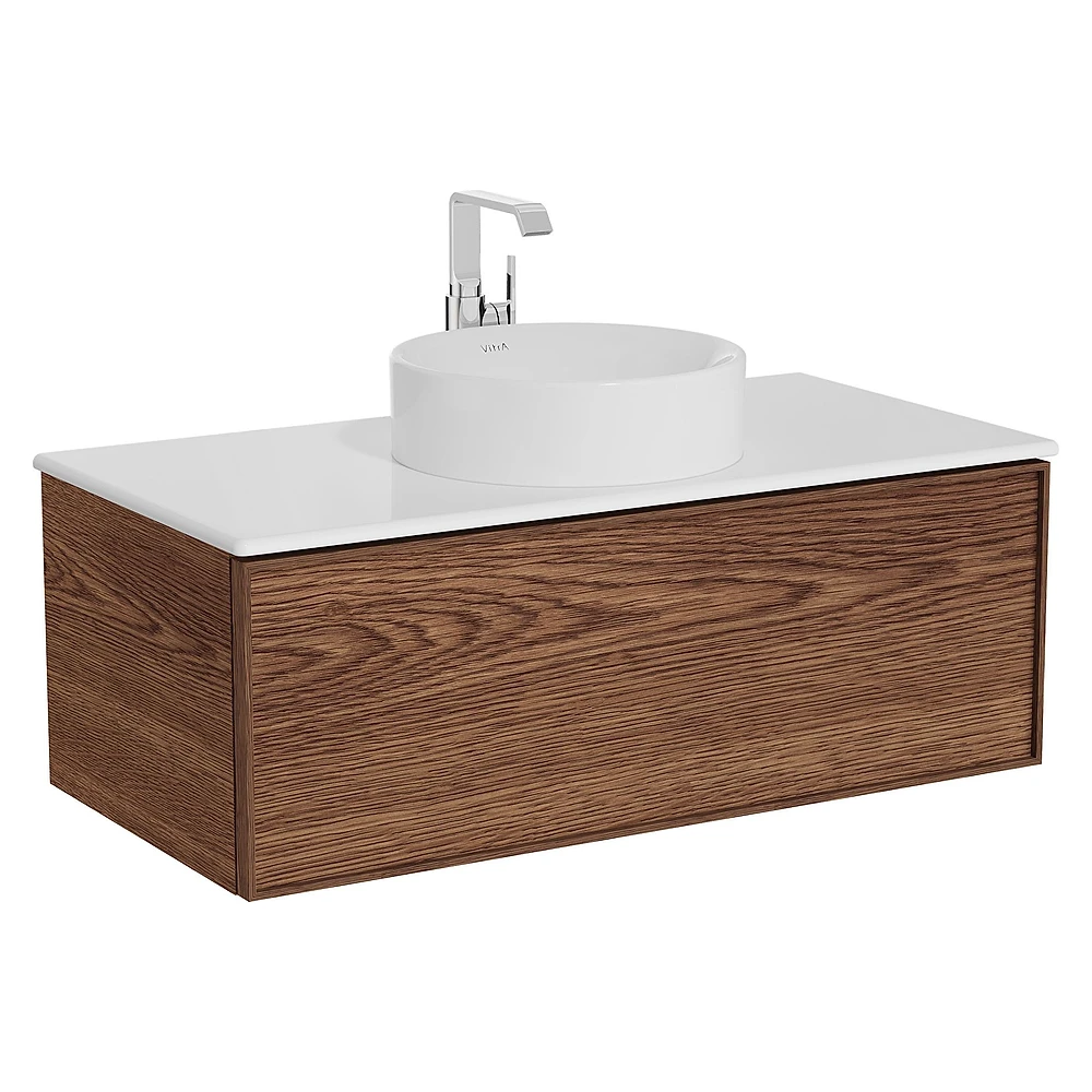 Vitra Metropole Edge 100 Cm Ceviz Tek Çekmeceli Beyaz Çanak Lavabolu Seramik Tezgahlı Lavabo Dolabı