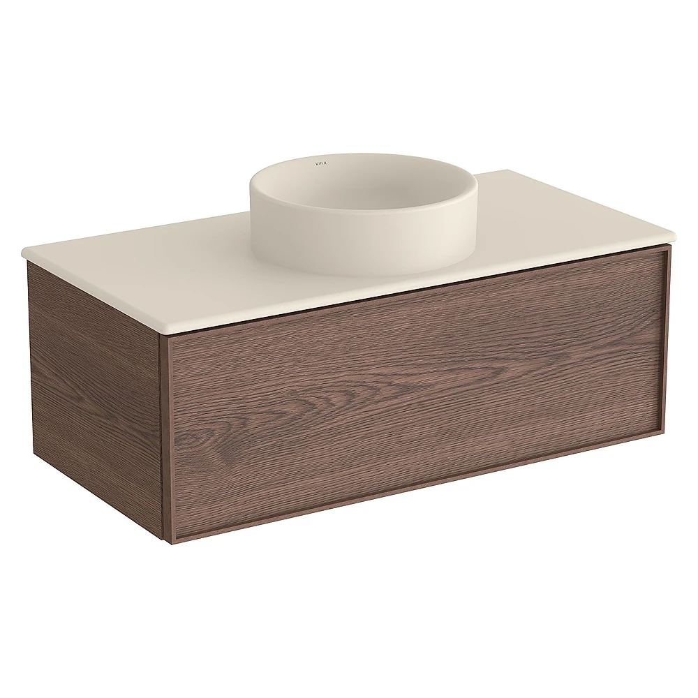 Vitra Metropole Edge 100 Cm Ceviz Tek Çekmeceli Mat Kum Beji Çanak Lavabolu Seramik Tezgahlı Lavabo Dolabı