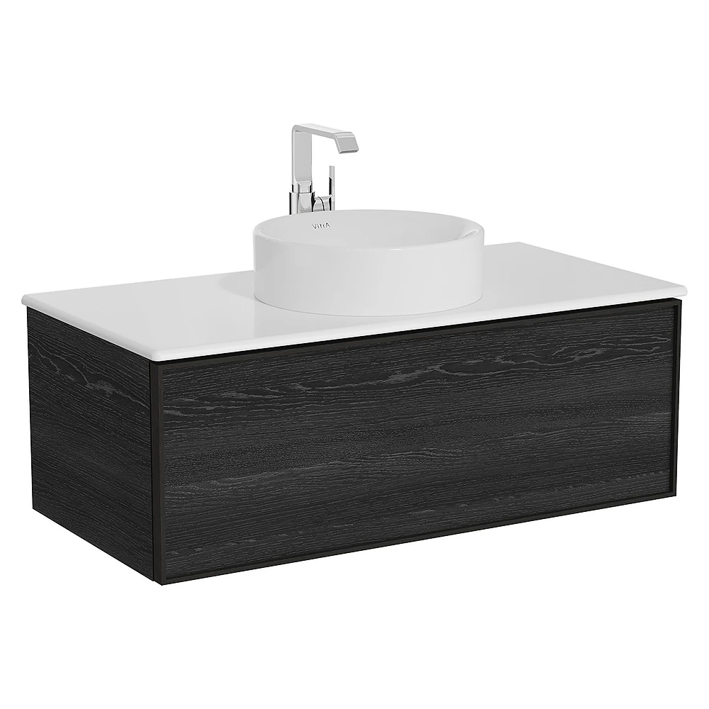 Vitra Metropole Edge 100 Cm Siyah Meşe Tek Çekmeceli Beyaz Çanak Lavabolu Seramik Tezgahlı Lavabo Dolabı
