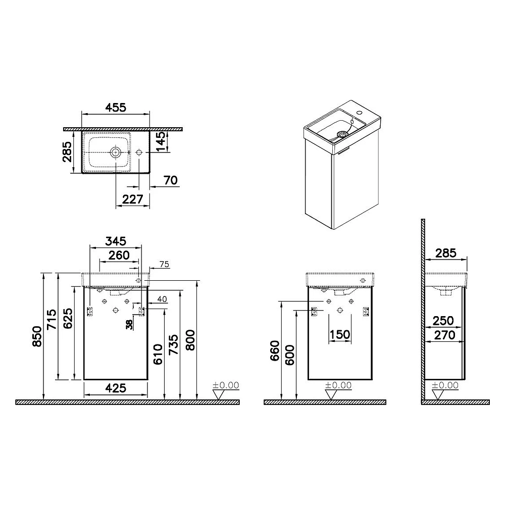 Vitra Mia Plus Square 45 Cm Parlak Antrasit Tek Kapaklı Sağ Lavabo Dolabı 2