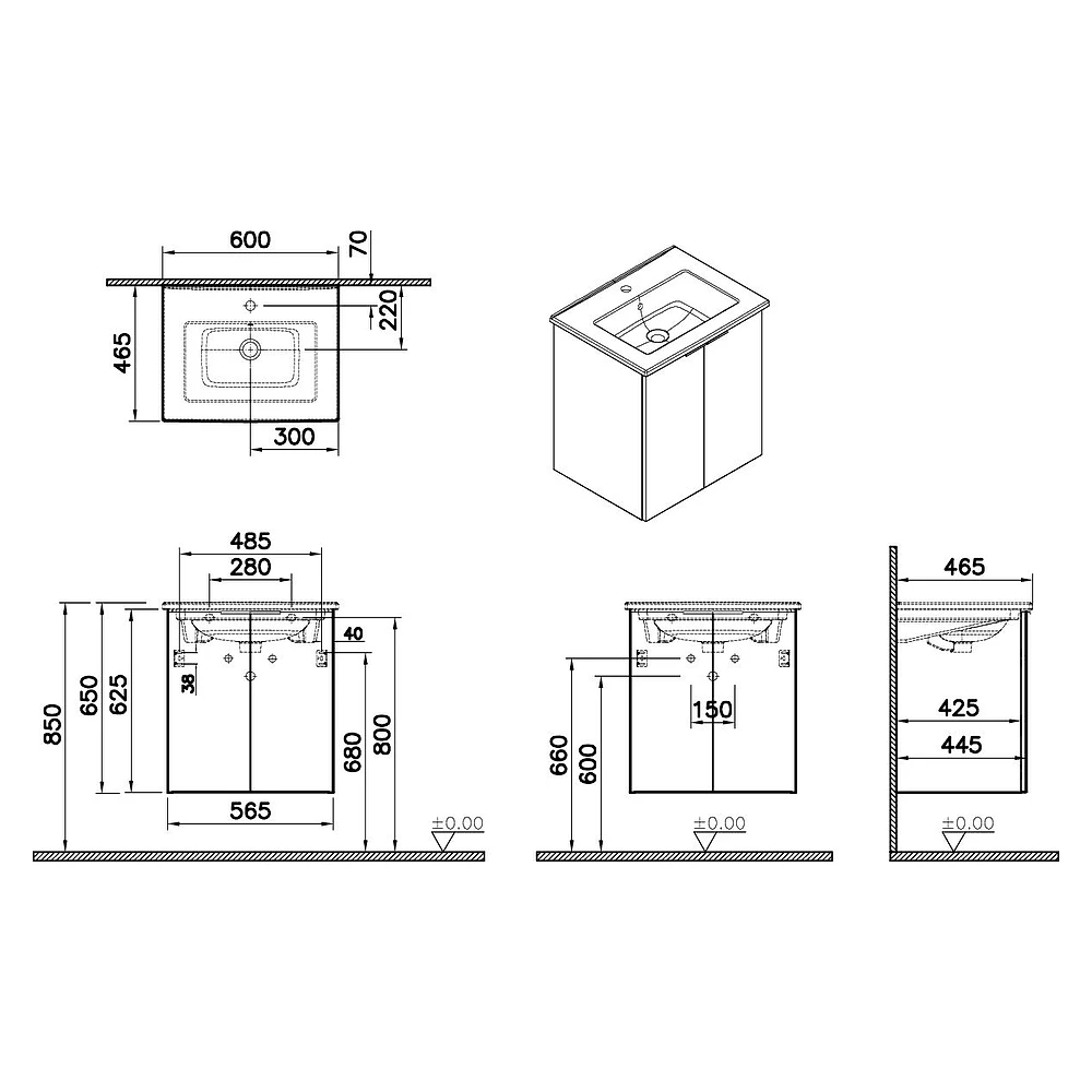 Vitra Mia Plus Square 60 Cm Cordoba İki Kapaklı Tek Armatür Delikli Lavabo Dolabı 2