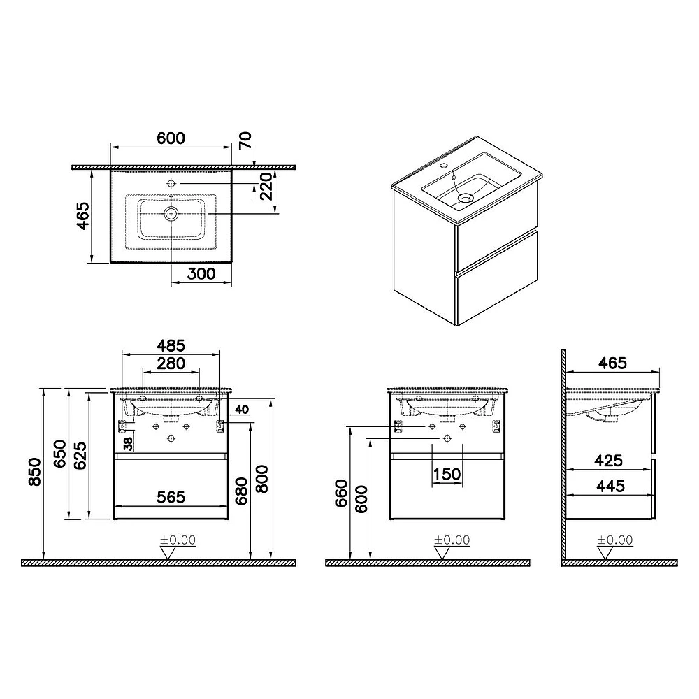 Vitra Mia Plus Square 60 Cm Parlak Beyaz İki Çekmeceli Lavabo Dolabı 2