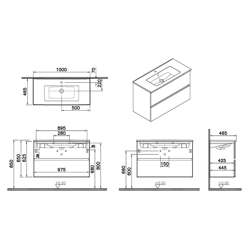 Vitra Mia Plus Square 100 Cm Parlak Antrasit İki Çekmeceli Lavabo Dolabı 2