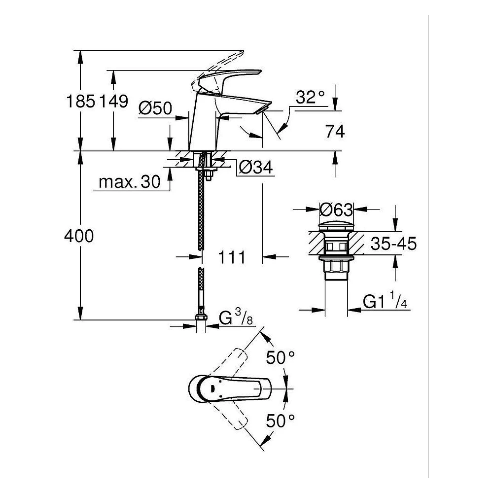 Grohe Eurosmart 2021 Siyah Bas-Aç Süzgeç S Lavabo Bataryası 239682433 2