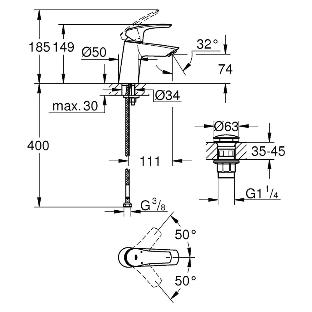 Grohe Eurosmart Siyah Bas-Aç Süzgeçli S Lavabo Bataryası 2