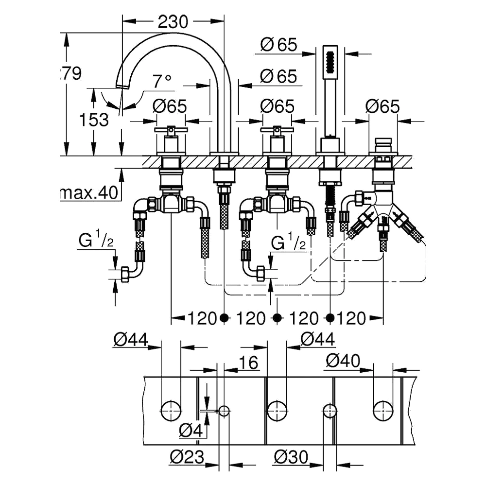 Grohe Atrio Bronz Fırçalanmış 5 Delikli Küvet Bataryası 2