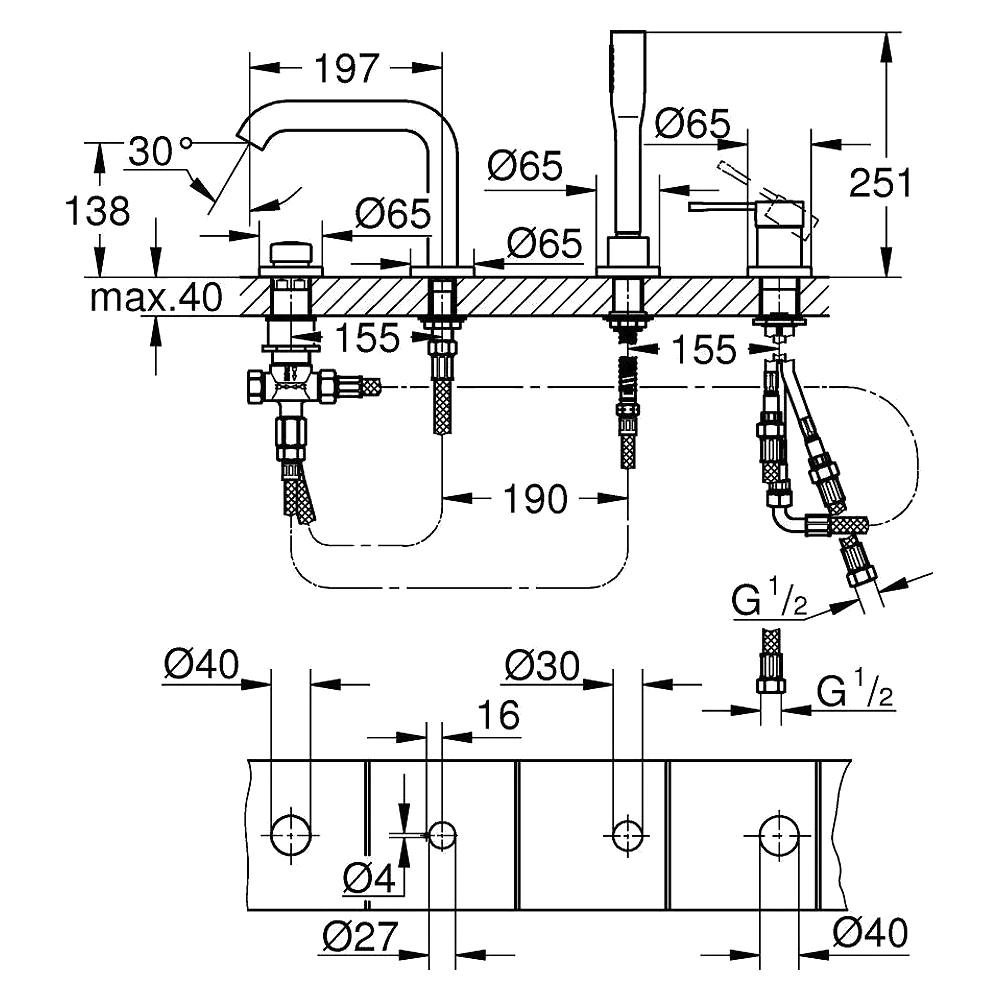 Grohe Essence Fırçalanmış Altın 4 Delikli Küvet Bataryası 2