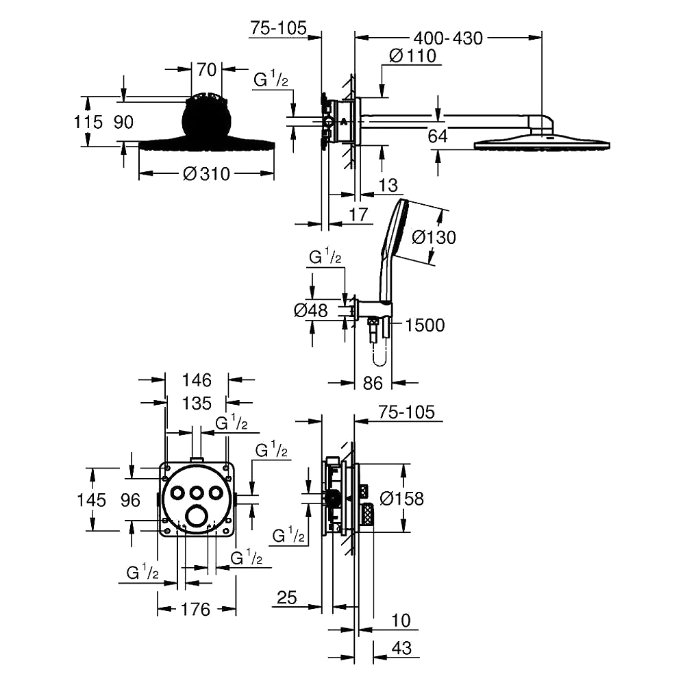 Grohe SmartControl Phantom Siyah 31 Cm Ankastre Duş Sistemi 2