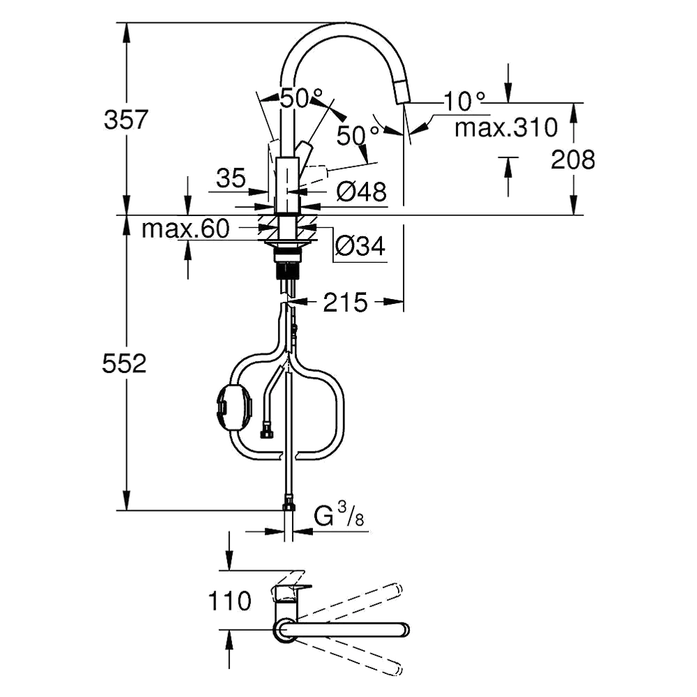 Grohe StartEdge Siyah Spiralli Yüksek Eviye Bataryası 2