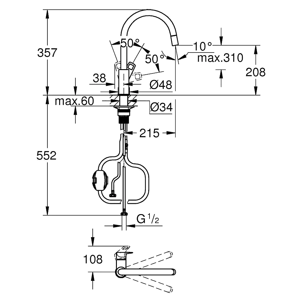 Grohe Start Cumbria Siyah Spiralli Yüksek Eviye Bataryası 2