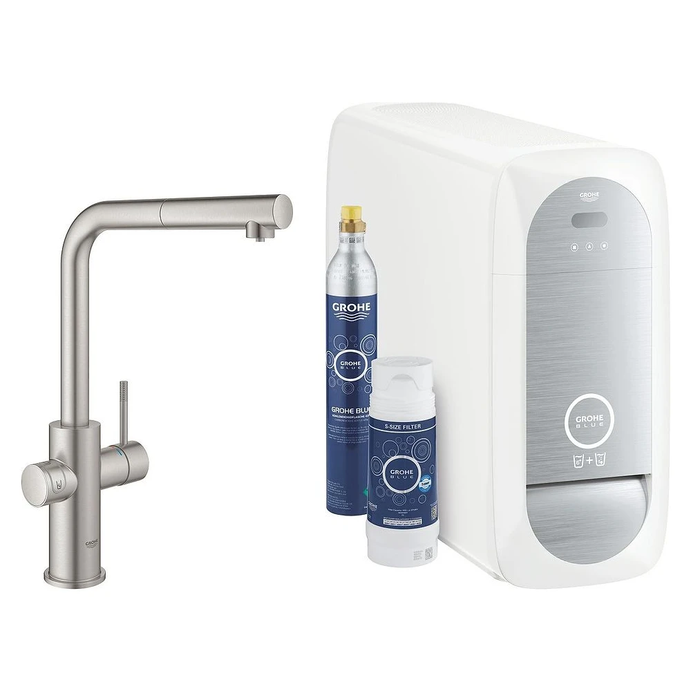 Grohe Blue Home Çelik L Spiralli Filtreli Eviye Bataryası