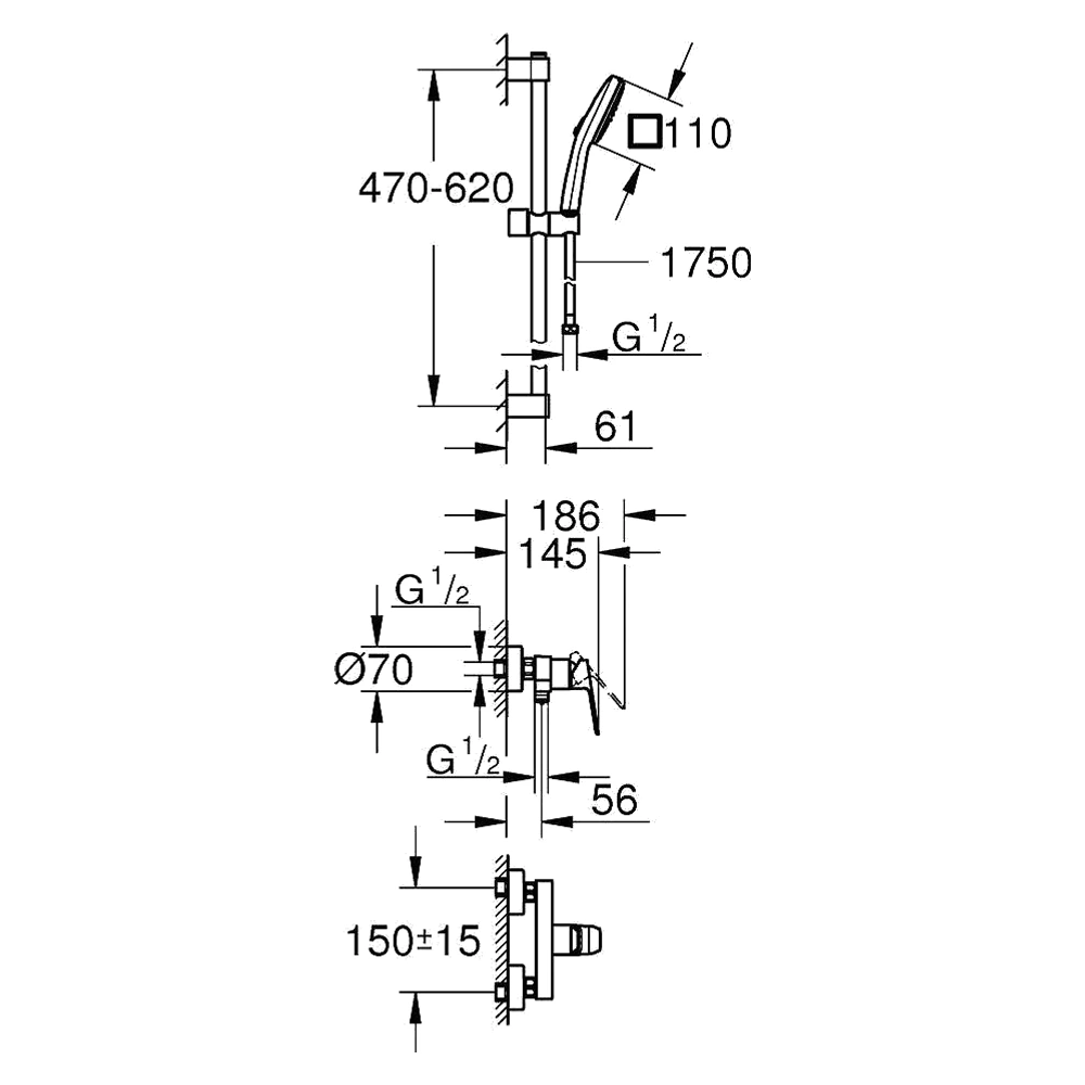Grohe Cubeo Krom Duş Bataryalı Sürgülü Duş Seti 2