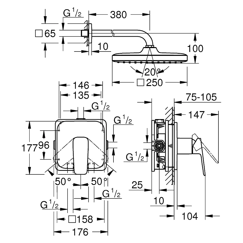 Grohe Cubeo Siyah 25 Cm Tepe Duşlu Ankastre Duş Seti 2