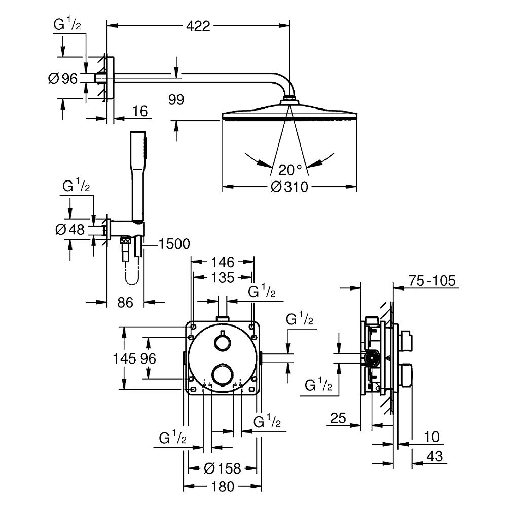 Grohe Precision Siyah 31 Cm Yuvarlak Ankastre Duş Sistemi 2